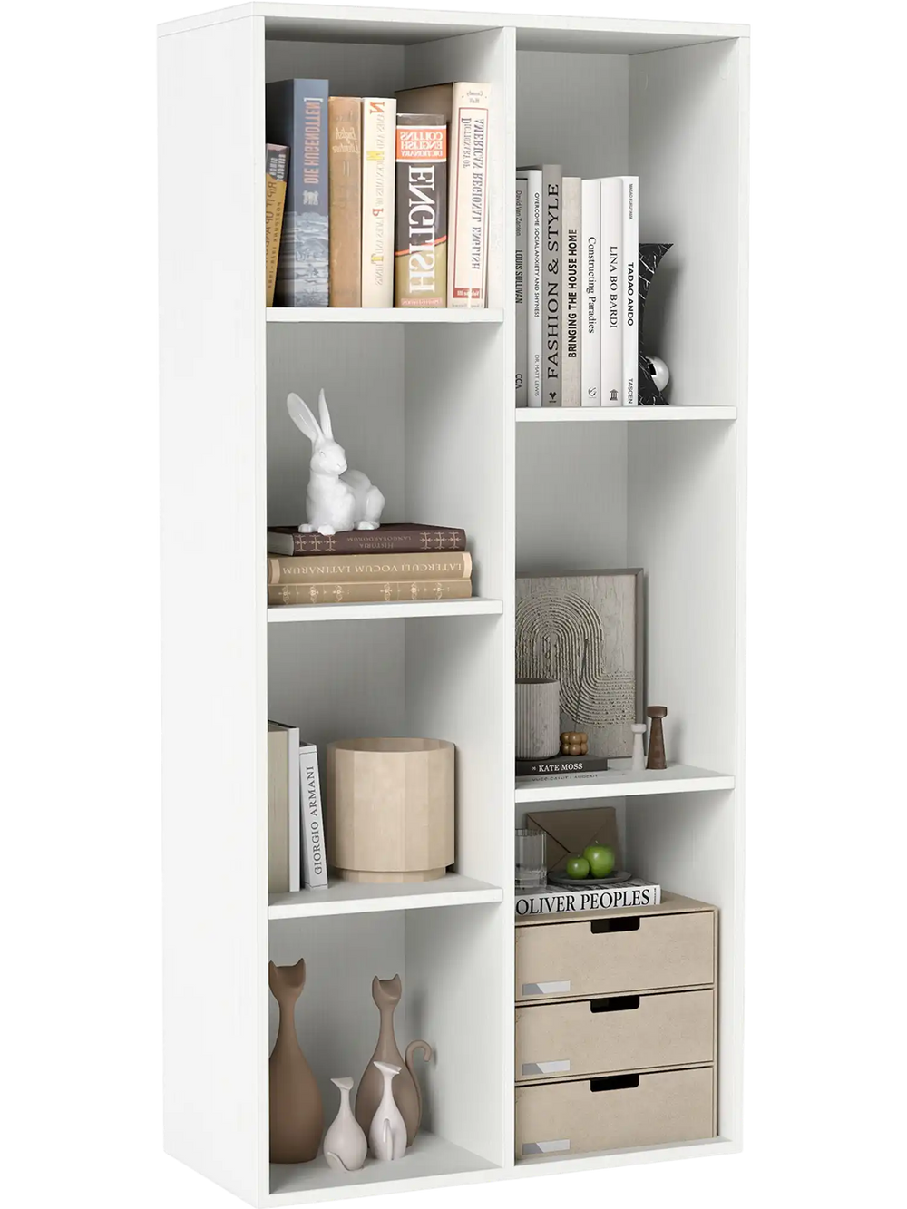 Freestanding white bookshelf with 7 compartments for books and decor, adaptable for vertical or horizontal placement.