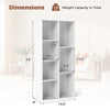Freestanding white bookshelf with 7 compartments, dimensions 42" x 19.5", ideal for books and decorative items.