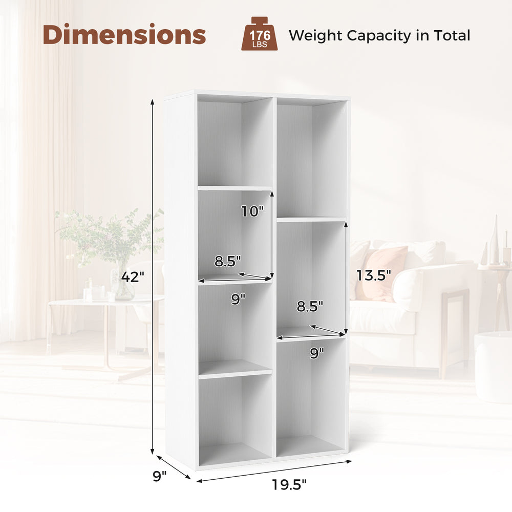 Freestanding white bookshelf with 7 compartments, dimensions 42" x 19.5", ideal for books and decorative items.