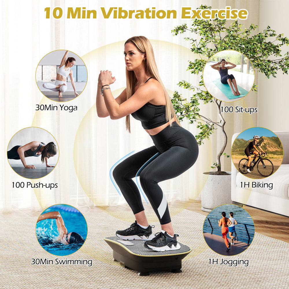 Vibration plate exercise machine in black for weight loss, featuring 10 speed intensities and compact design for home.
