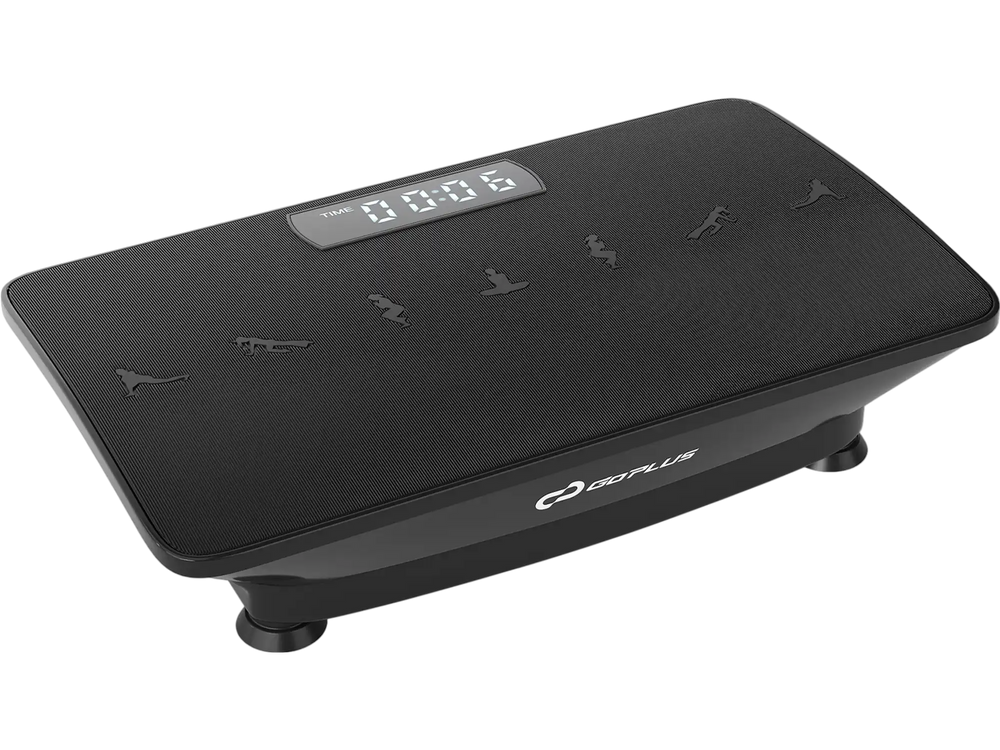 Vibration plate exercise machine in black with remote control, featuring 10 speed levels for personalized workouts.