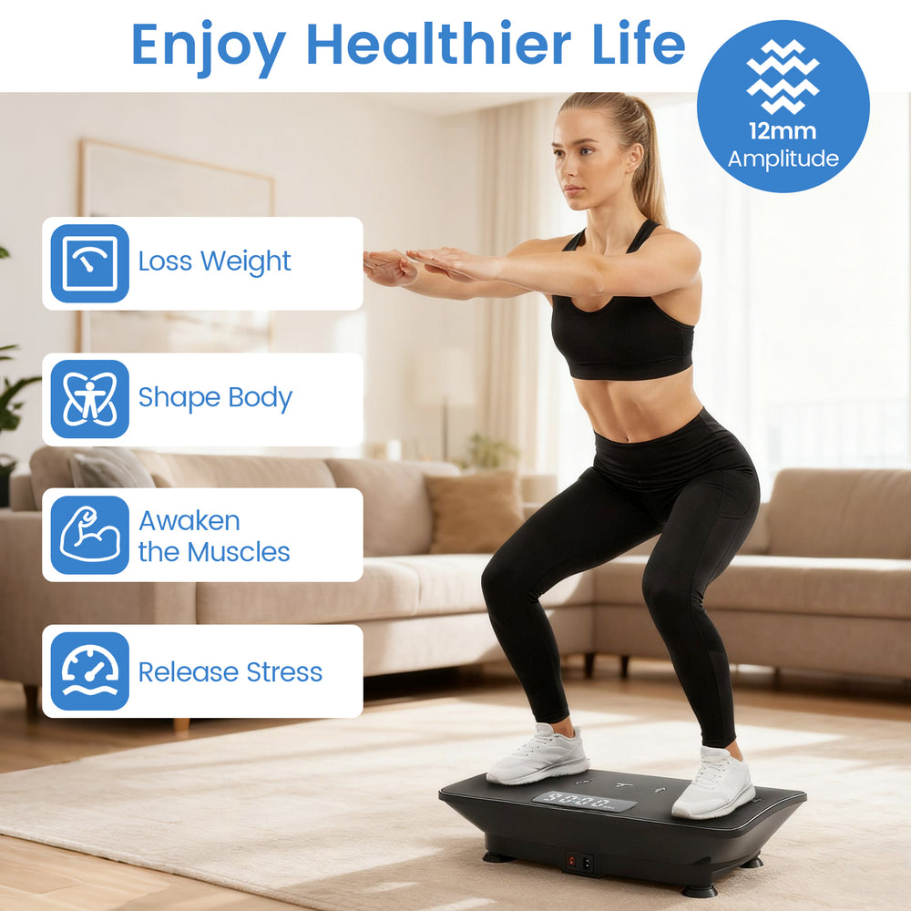 Vibration plate exercise machine in black, featuring gravity sensor and 10 speed levels for personalized workouts at.
