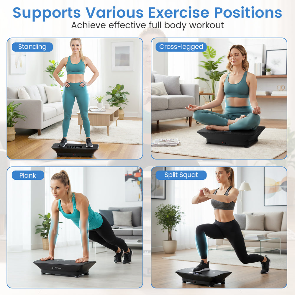 Vibration plate exercise machine in black, showcasing various workout positions for effective full body training at.