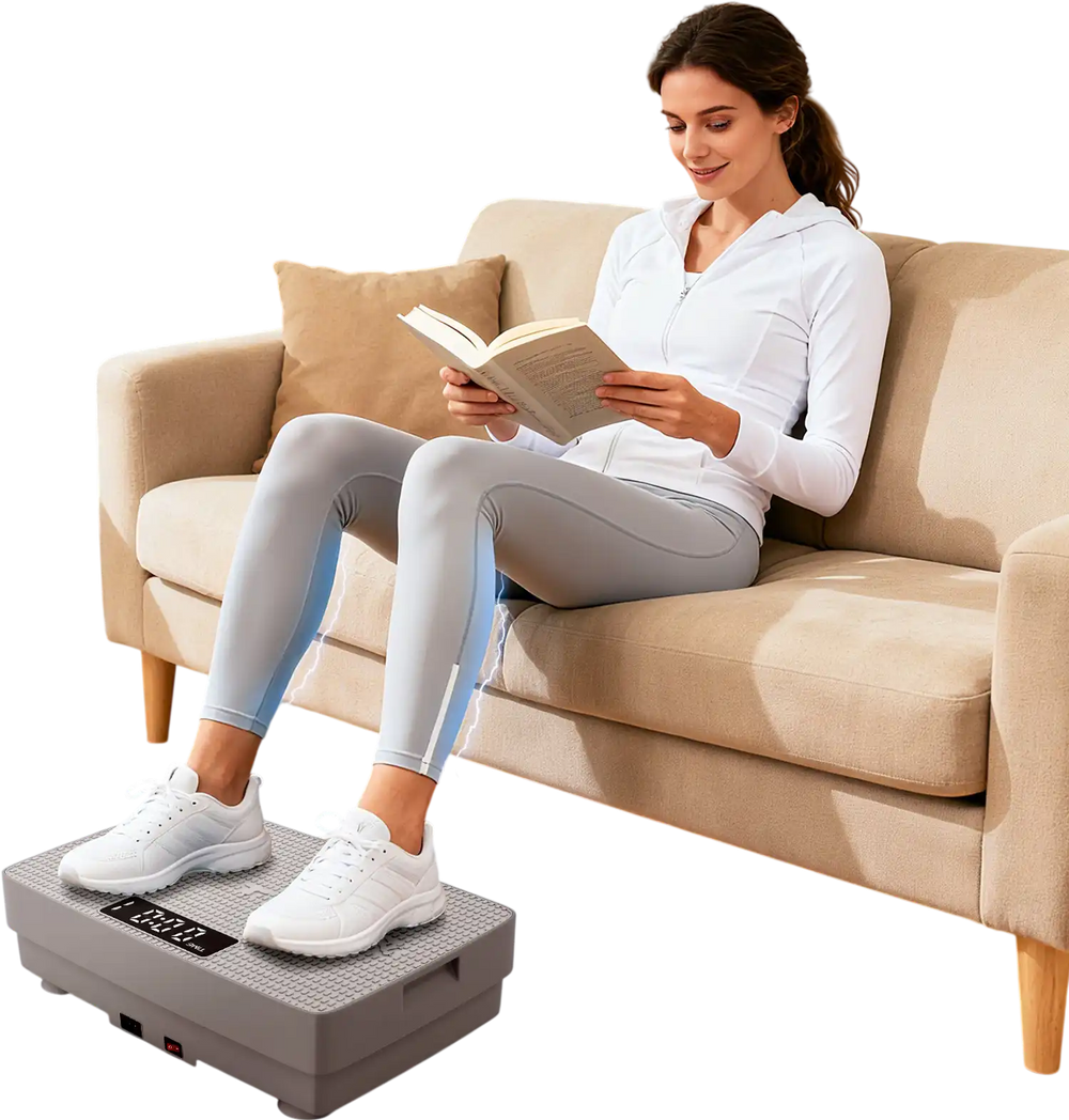 Vibration plate exercise machine in gray with remote control, used for home workouts on a living room floor.