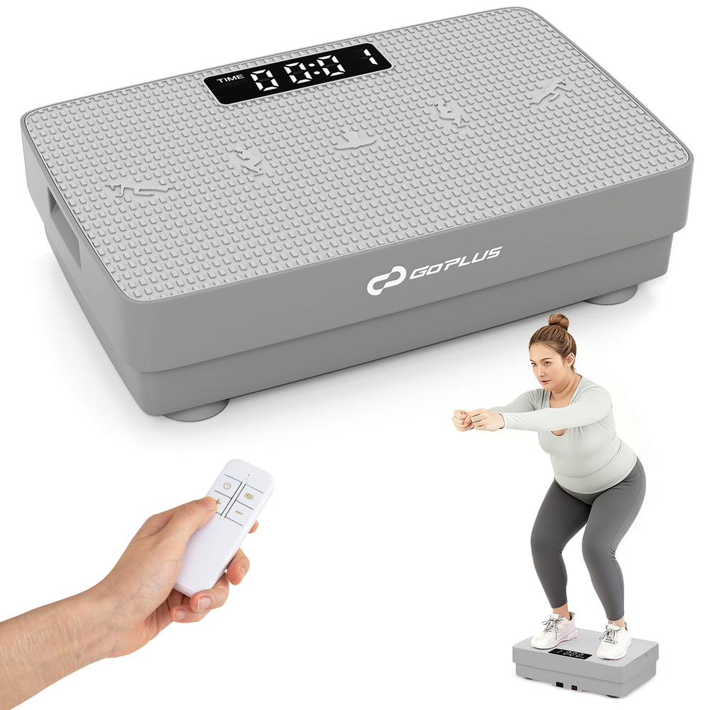 Vibration plate exercise machine in gray showing a user performing squats, designed for versatile home workouts.