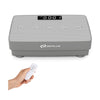 Vibration plate exercise machine in gray with remote control, featuring 10 speed levels and a non-slip rubber surface.