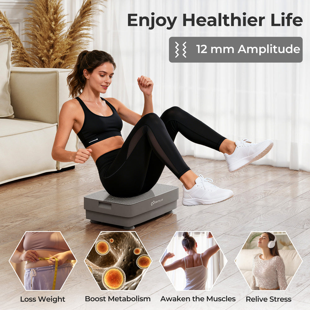 Vibration plate exercise machine in gray with remote control, featuring 10 speed levels for home gym workouts.