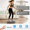 Vibration plate exercise machine in gray with gravity sensor and remote control, ideal for home gym workouts.