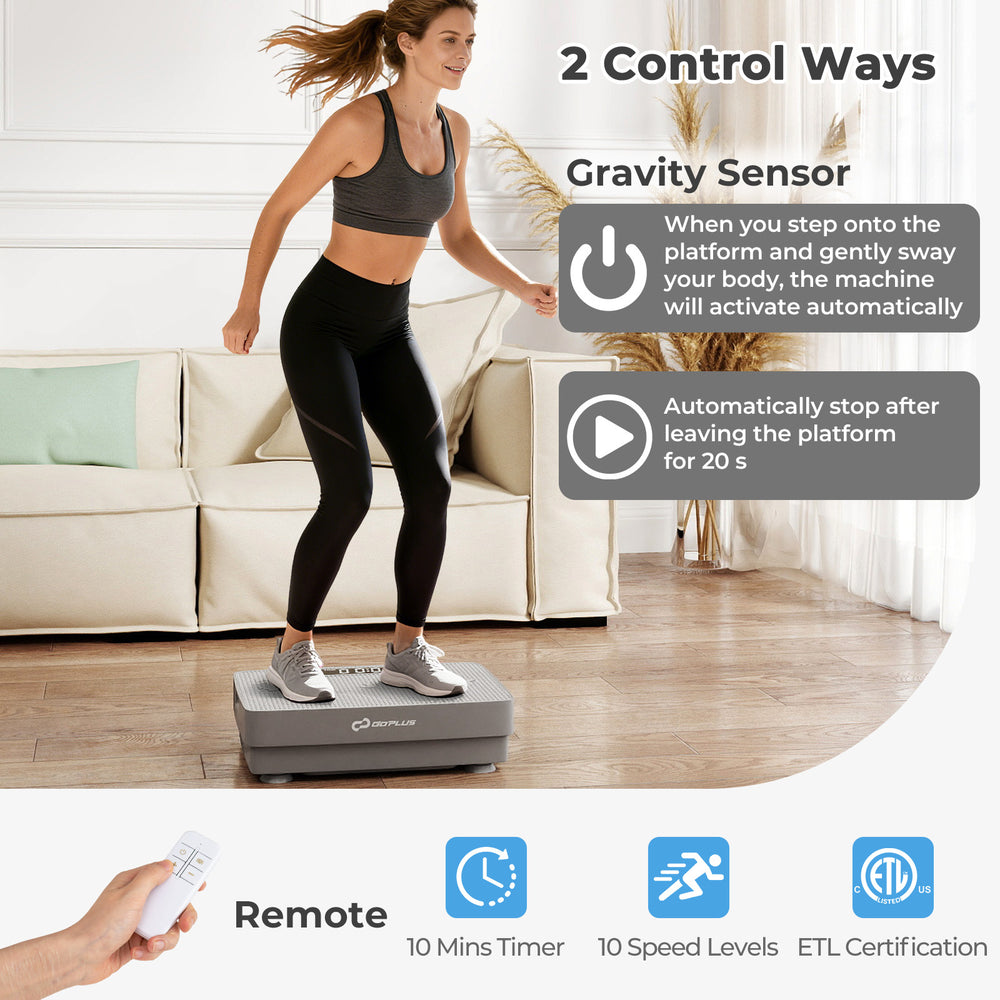 Vibration plate exercise machine in gray with gravity sensor and remote control, ideal for home gym workouts.