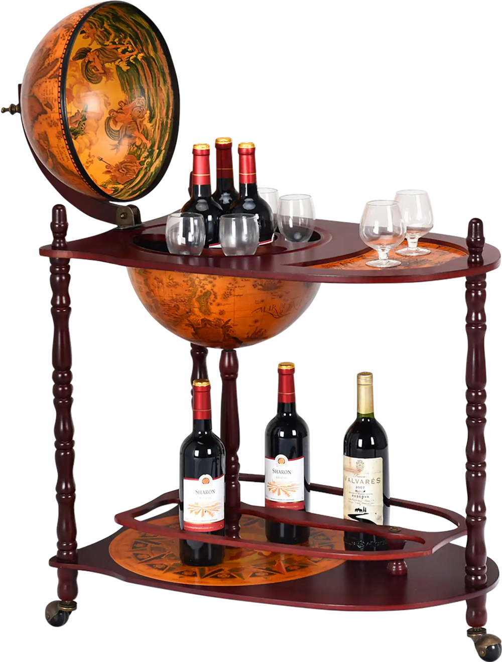 Vintage Globe Rolling Wine Bar Cart with Extra Shelf