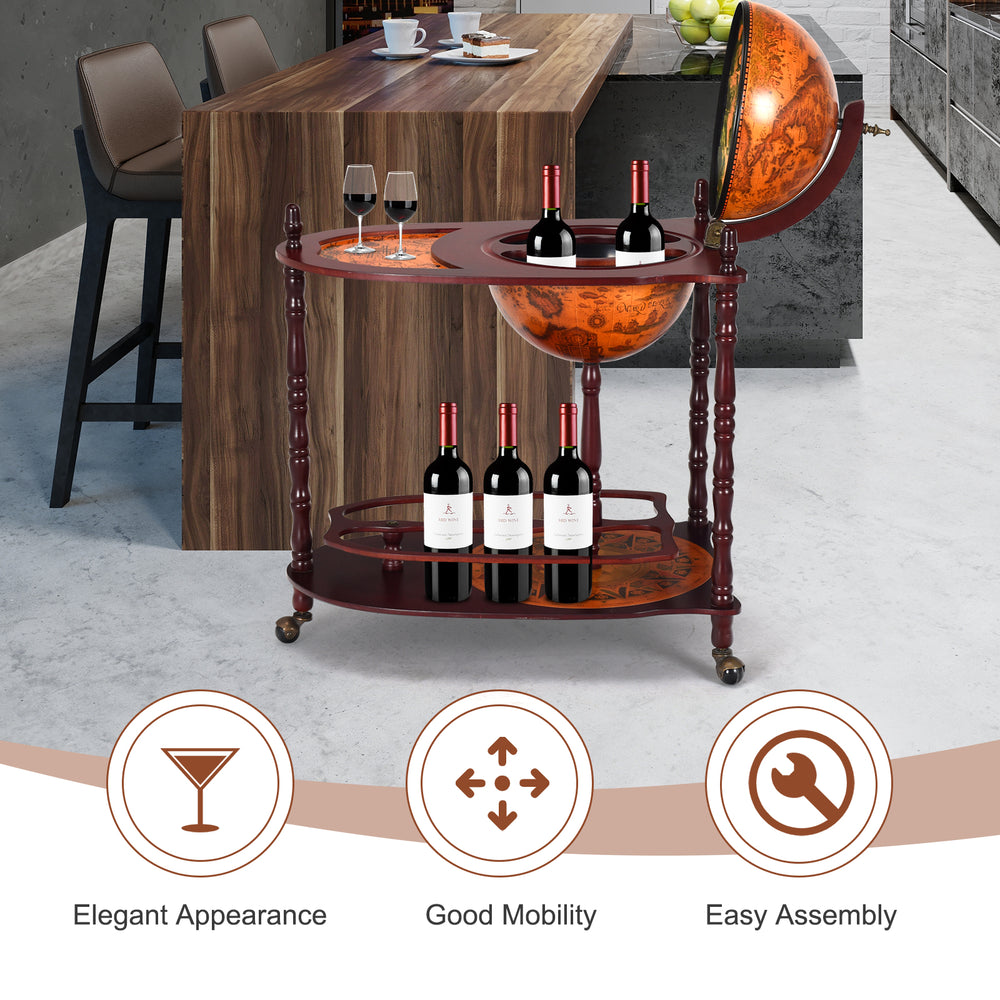 Vintage globe rolling wine bar cart with extra shelf, featuring an old world map design and easy mobility on casters.