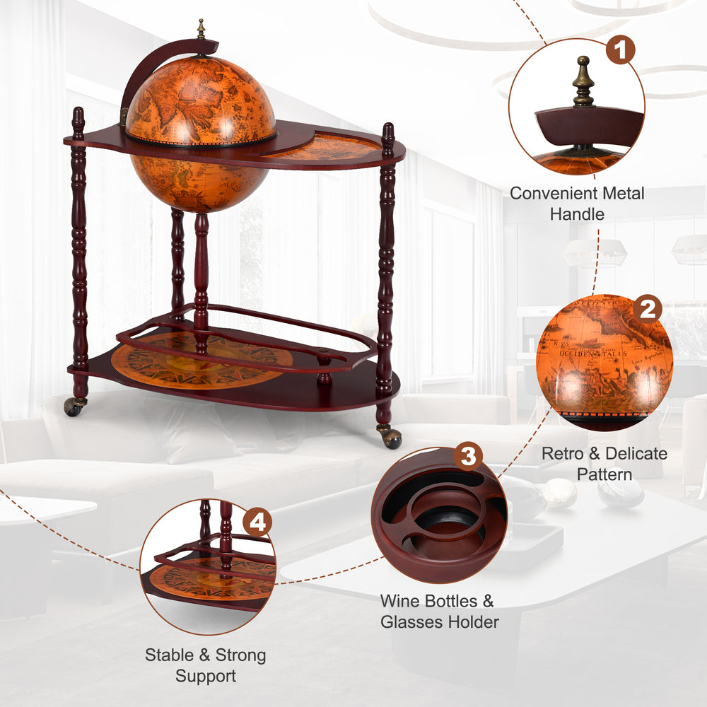 Vintage globe rolling wine bar cart with old world map design, featuring an extra shelf and three casters for easy.