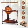 Vintage globe rolling wine bar cart with extra shelf, featuring a world map design and smooth solid wood surface.