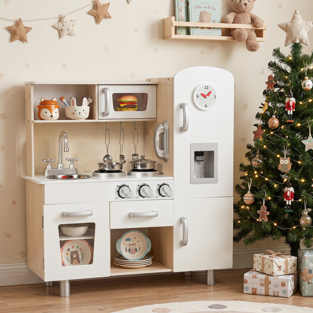 Wooden vintage play kitchen set showcasing a refrigerator, cooking knobs, and storage compartments for creative play.