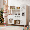 Vintage wooden play kitchen set for kids featuring a water dispenser, stove, sink, and ample storage for imaginative play.