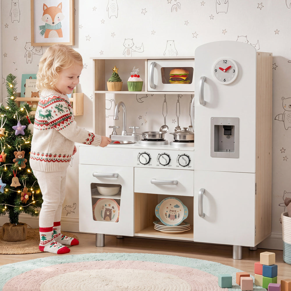 Vintage wooden play kitchen set for kids featuring a water dispenser, stove, sink, and ample storage for imaginative play.