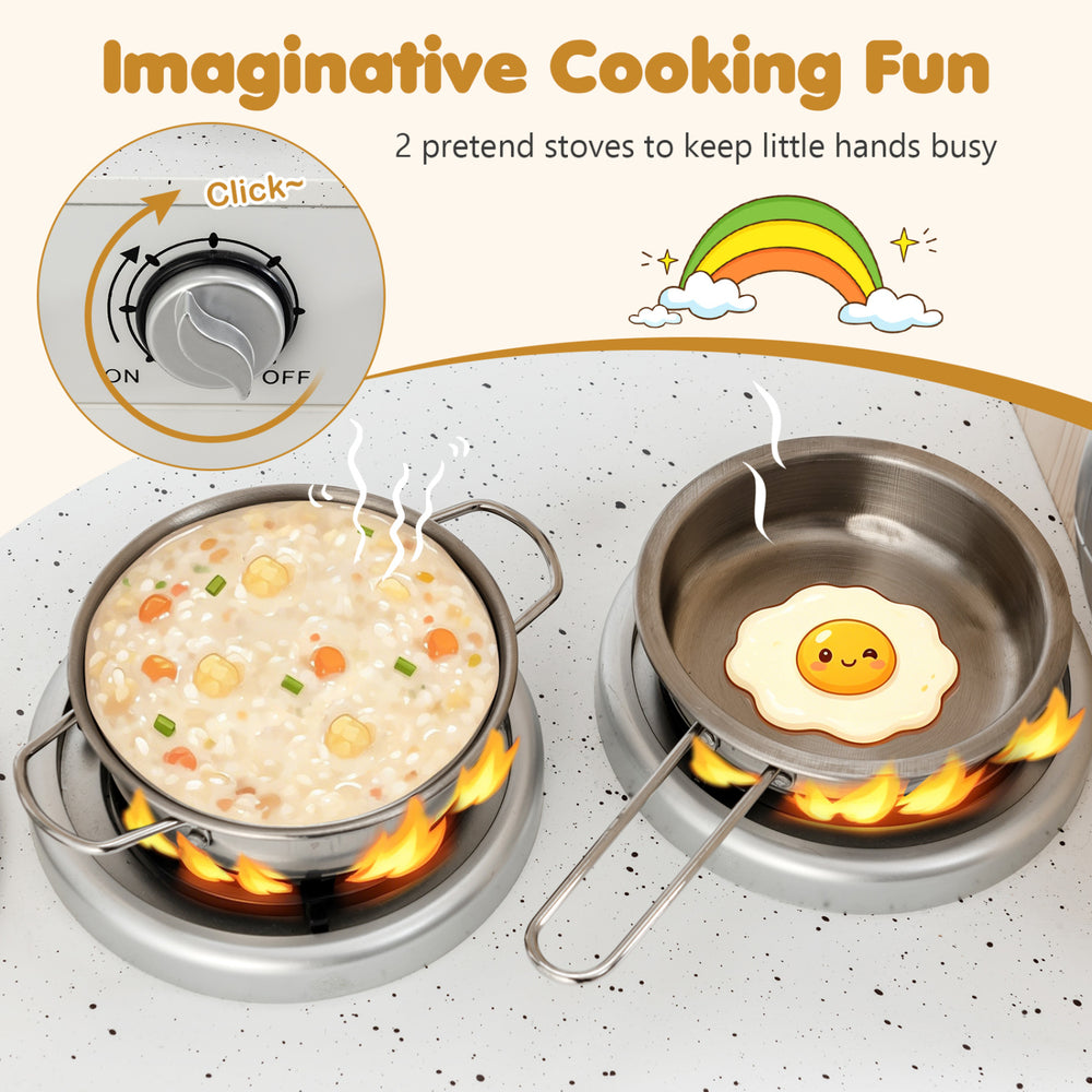Vintage play kitchen set featuring two pretend stoves, a pot, pan, and utensils for imaginative cooking fun.