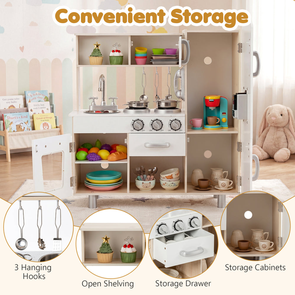 Vintage wooden play kitchen set with water dispenser, ample storage, and cooking accessories for imaginative play.