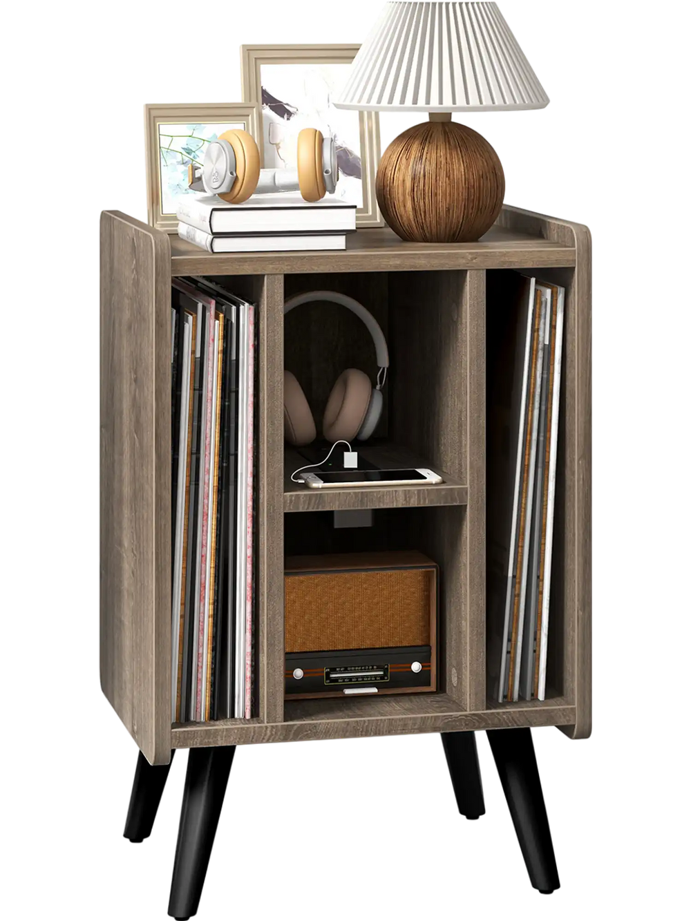 Vinyl record storage turntable stand in gray with 4 open shelves, perfect for organizing music devices in any room.
