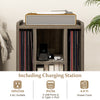 Vinyl record storage turntable stand in gray with 4 open shelves and built-in charging station for electronic devices.