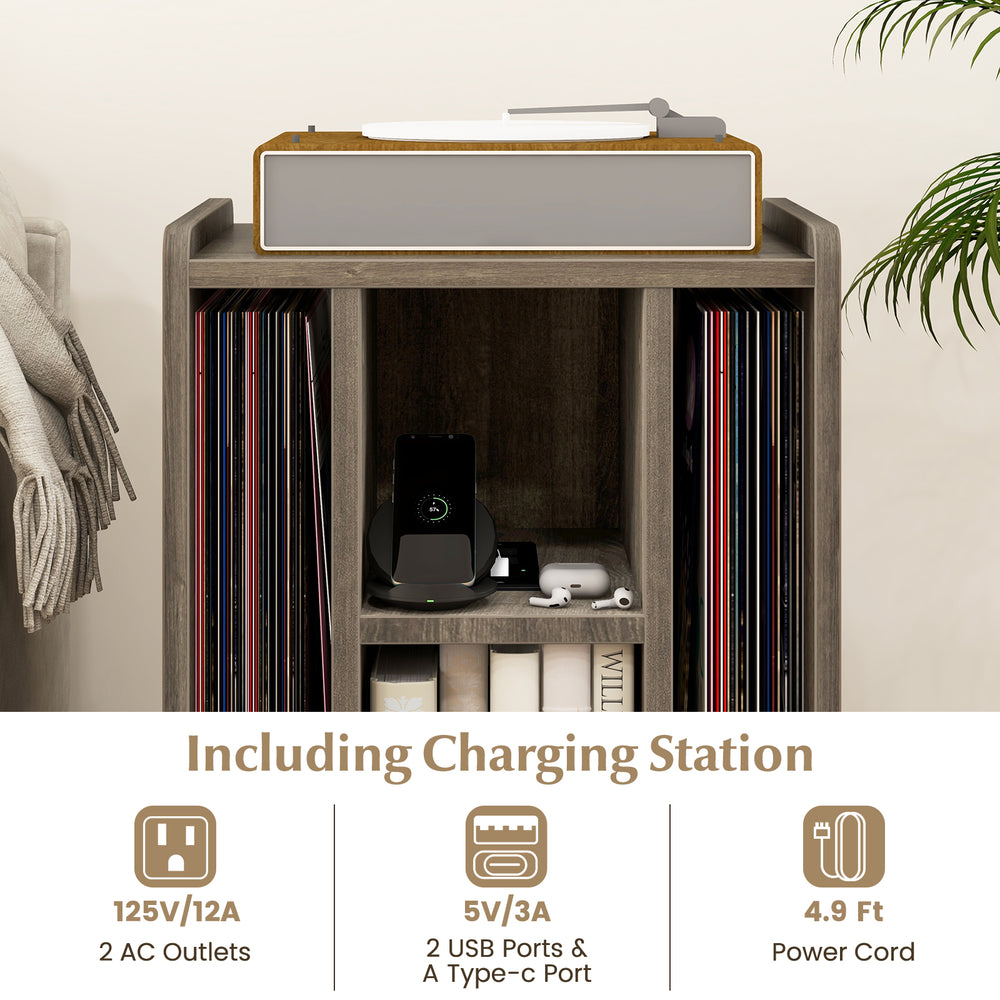 Vinyl record storage turntable stand in gray with 4 open shelves and built-in charging station for electronic devices.