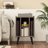 Vinyl record storage turntable stand in gray featuring a wide tabletop, perfect for displaying a record player and.