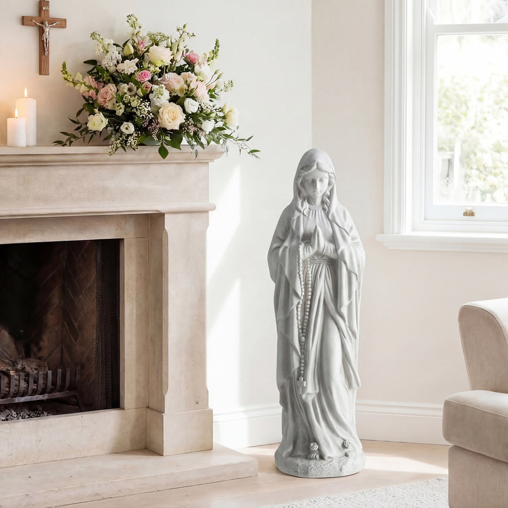 Virgin Mary statue 29.5 inches tall in gray, made from magnesium oxide, ideal for outdoor religious decoration.