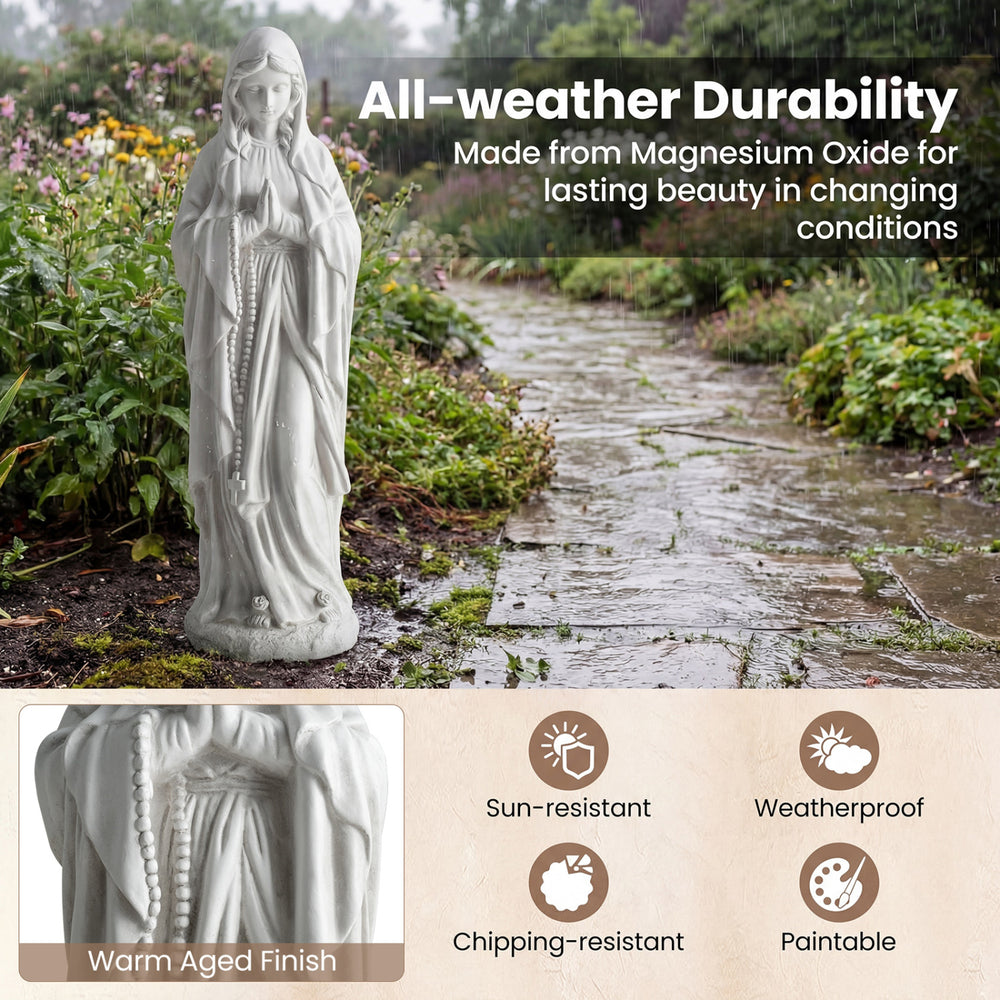 Virgin Mary statue 29.5 inches tall, made of magnesium oxide, with a warm aged finish for outdoor garden decor.