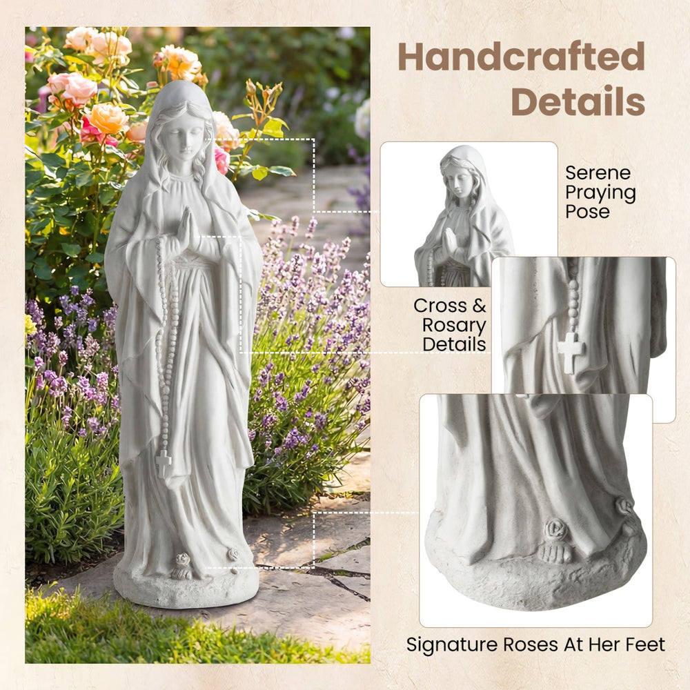 Virgin Mary statue in gray, 29.5 inches tall, featuring serene praying pose and detailed roses, perfect for outdoor.