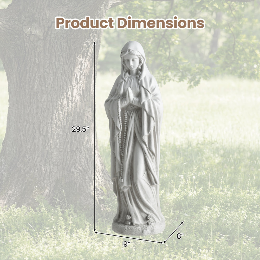 29.5-inch Virgin Mary statue in gray, made from magnesium oxide, ideal for outdoor religious decoration.