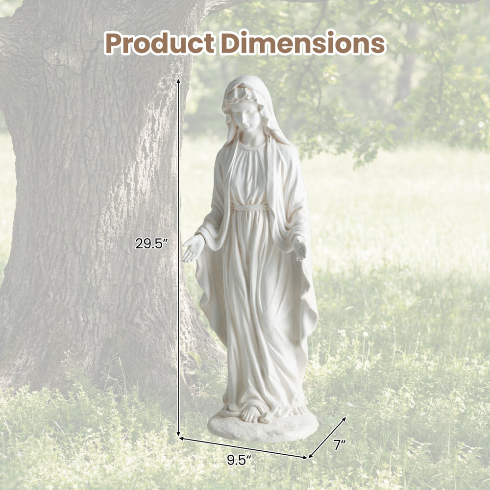 Virgin Mary statue with aged finish, 29.5 inches tall, made from magnesium oxide for outdoor religious decor.