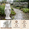 Virgin Mary statue 29.5 inches tall, made from magnesium oxide with an aged finish, ideal for outdoor religious decor.
