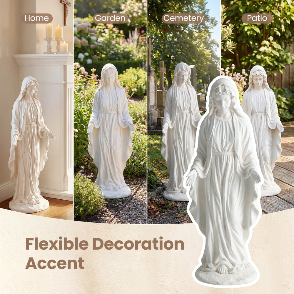 Virgin Mary statue 29.5 inches tall in aged white finish, perfect for garden, home, or cemetery decoration.