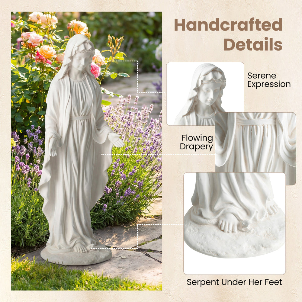 Virgin Mary statue with serene expression, 29.5 inches tall, made from magnesium oxide for outdoor use in gardens.
