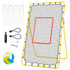 Volleyball rebounder net with heavy-duty metal frame, adjustable angles, and included volleyball and air pump for practice.