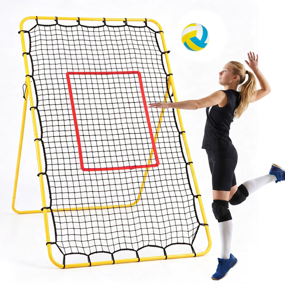 Volleyball rebounder net with a 7 ft x 4 ft area and elastic bungees for secure, adjustable practice angles outdoors.