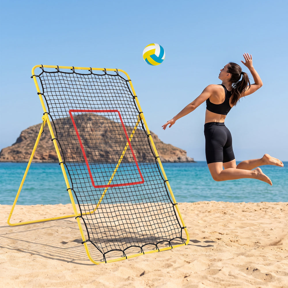 Volleyball rebounder net with adjustable angles, featuring a durable frame and PE netting for outdoor practice.