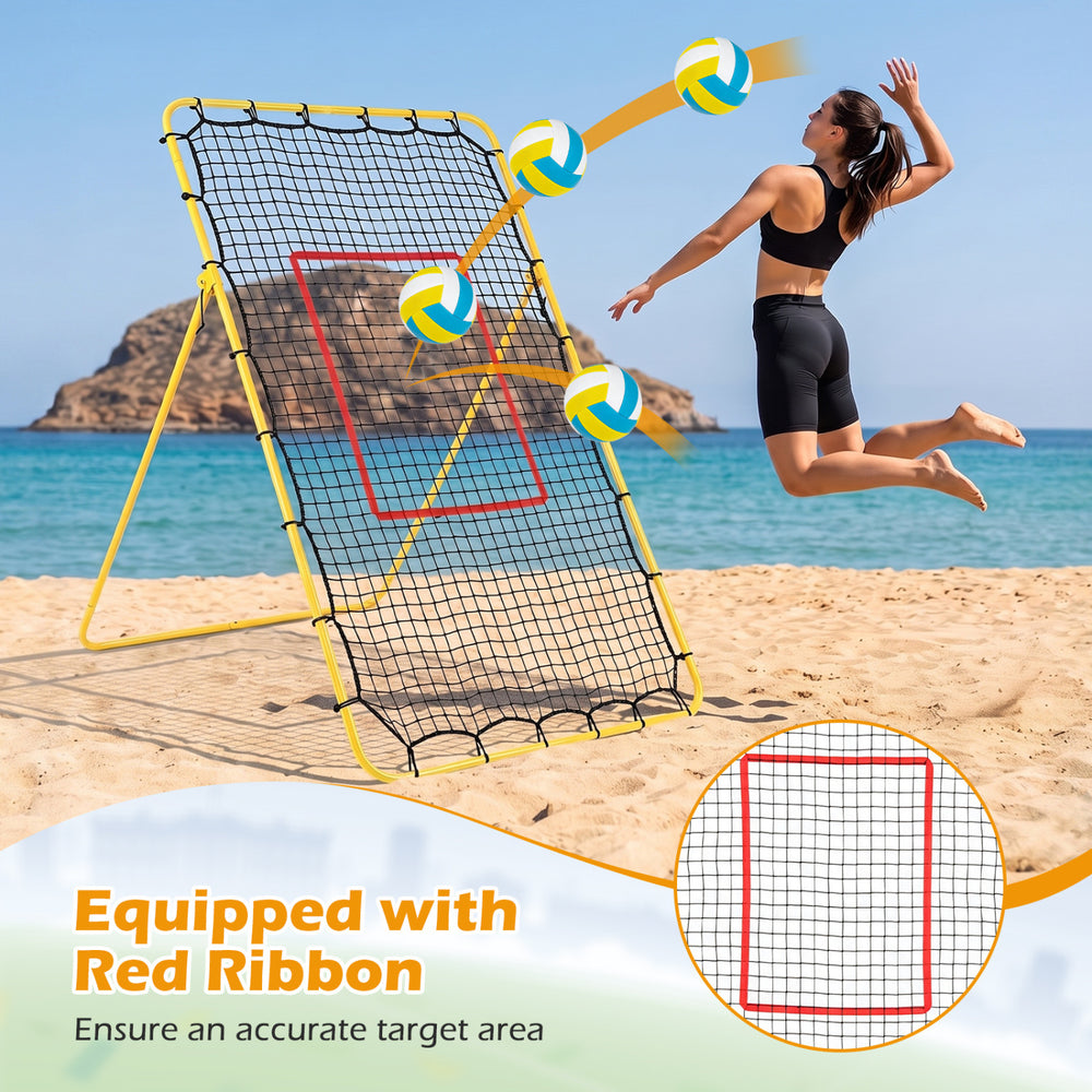 Volleyball rebounder net with adjustable angles, featuring a 7 ft x 4 ft PE netting for outdoor practice and accuracy.