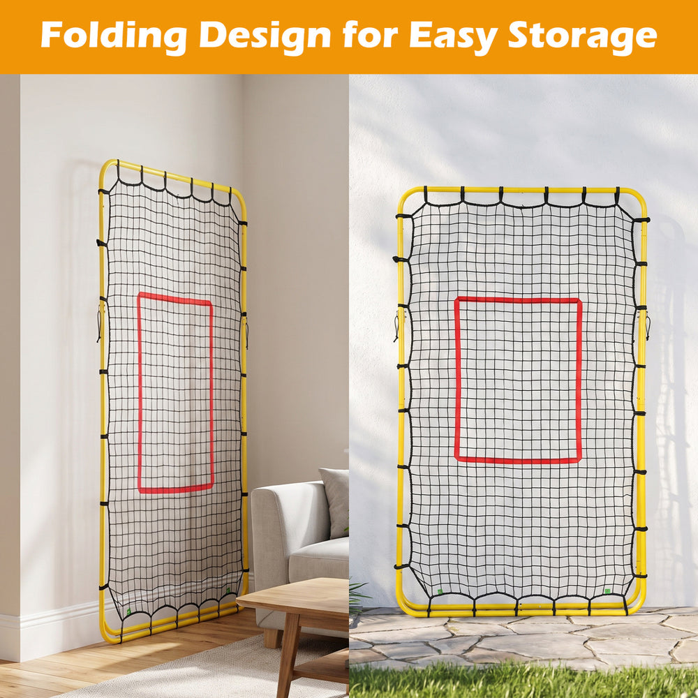 Volleyball rebounder net features a folding design for easy storage, with heavy-duty metal pipes and adjustable angles.