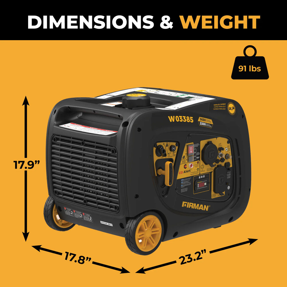 Firman W03385 3300W/3650W Inverter Generator Gas Portable with Electric Start CO Alert New