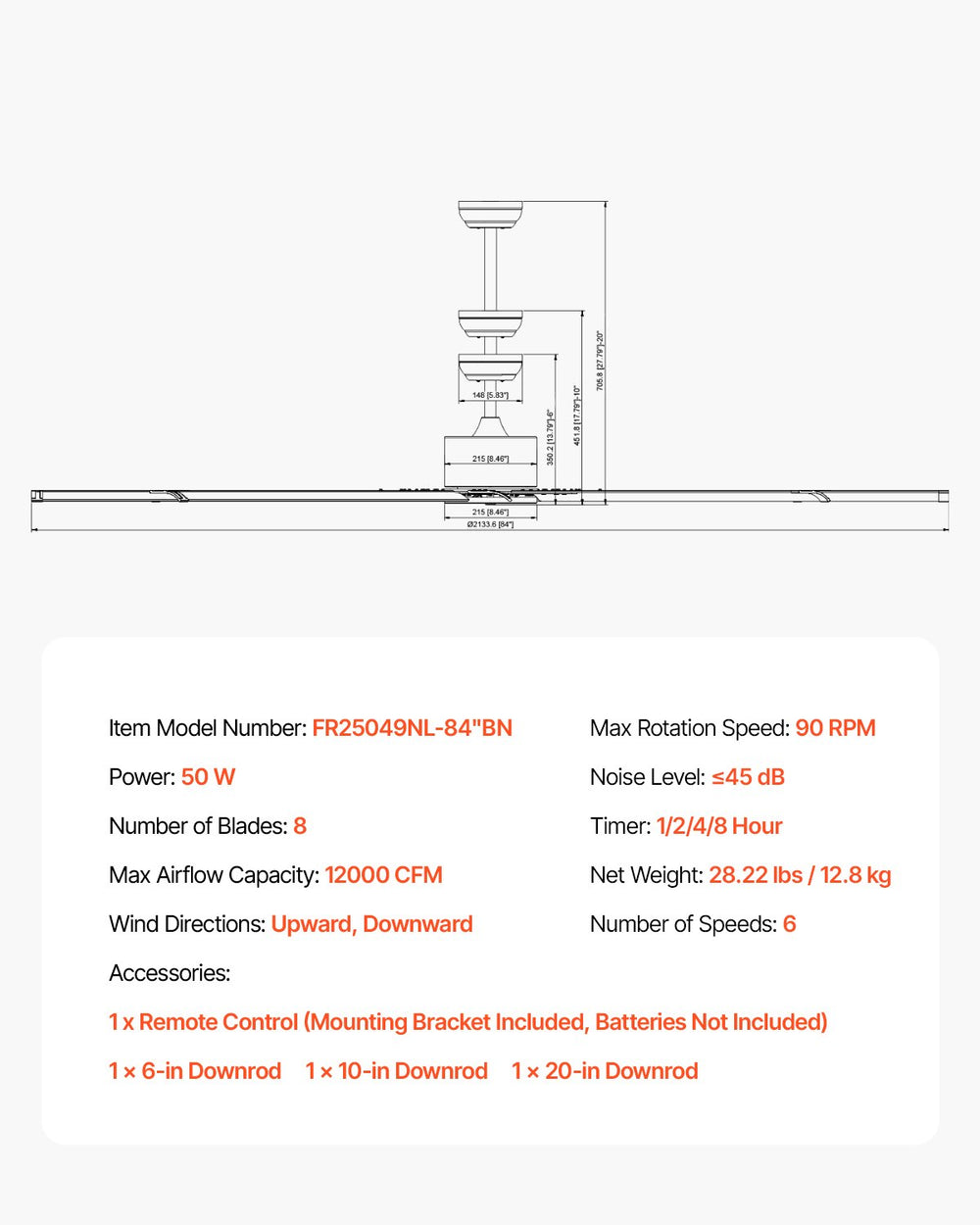 Vevor Ceiling Fan 84" 8 Blade No Light 6-Speed Remote Control Reversible Flush Mount New