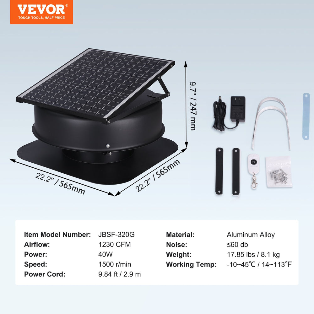 Vevor Solar Attic Fan 22" 40W 1230 CFM Large Air Flow Vent Fan Weatherproof with 110V Smart Adapter New