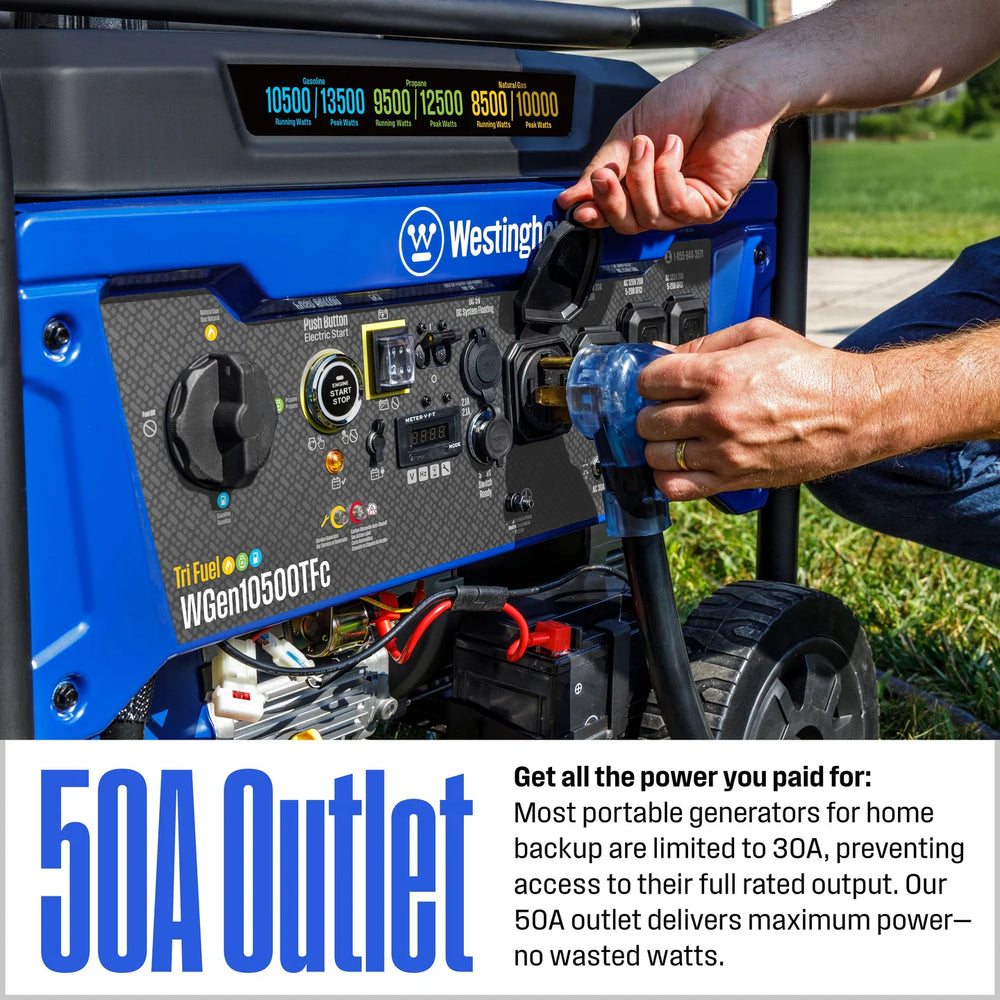Westinghouse WGen10500TFc Tri-Fuel Generator 10500W/13500W 50 Amp Remote Start with CO Sensor New