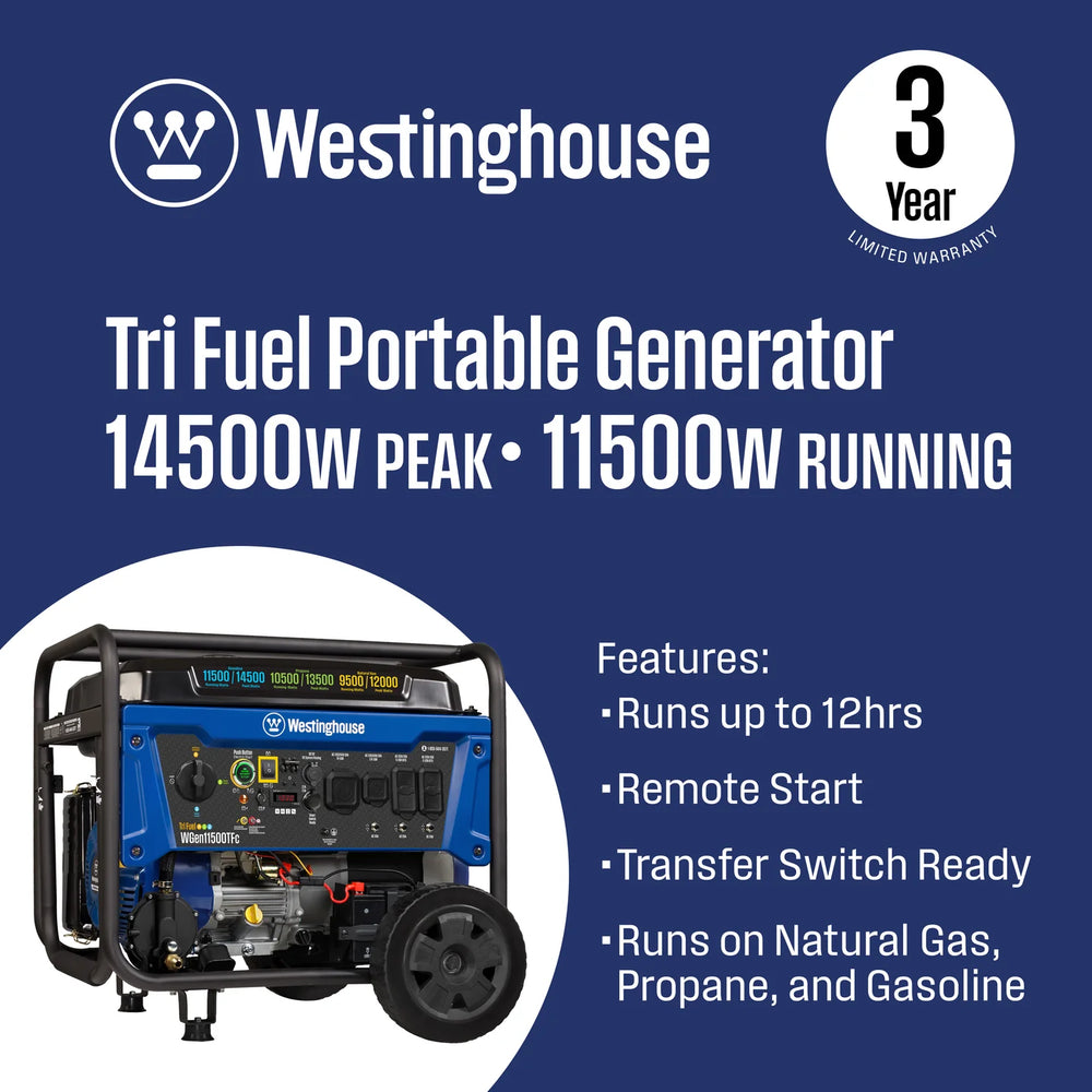 Westinghouse WGen11500TFc Tri-Fuel Generator 11500W/14500W CO Sensor 50 Amp Remote Start New