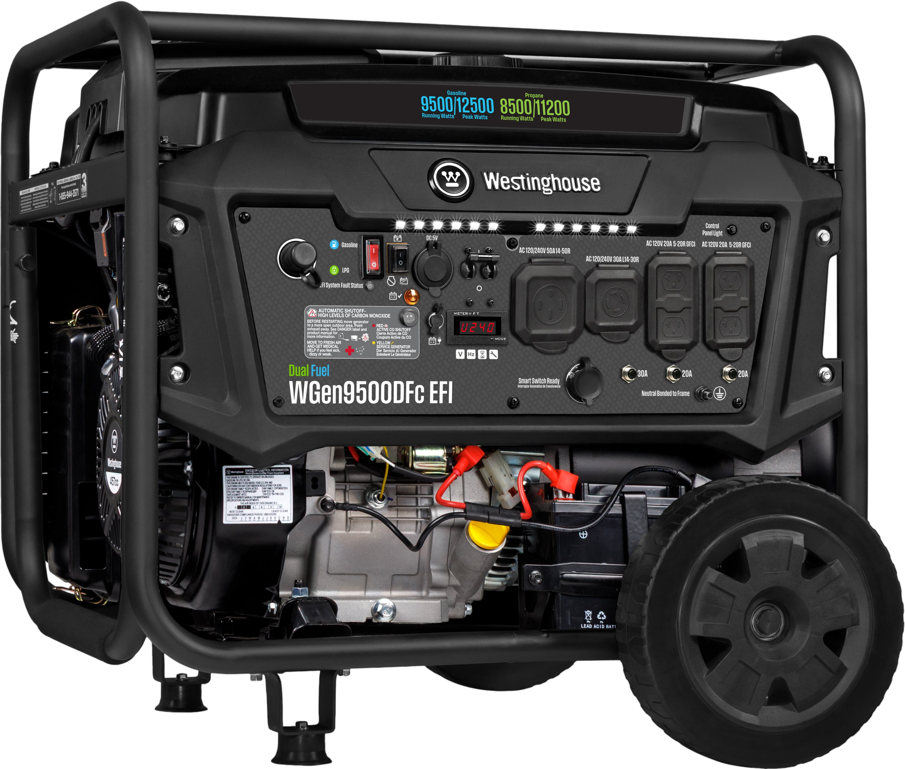 Westinghouse WGen9500DFc EFI Generator 9500/12500W Dual Fuel Gas Propane 50A Remote Start CO Sensor CARB New