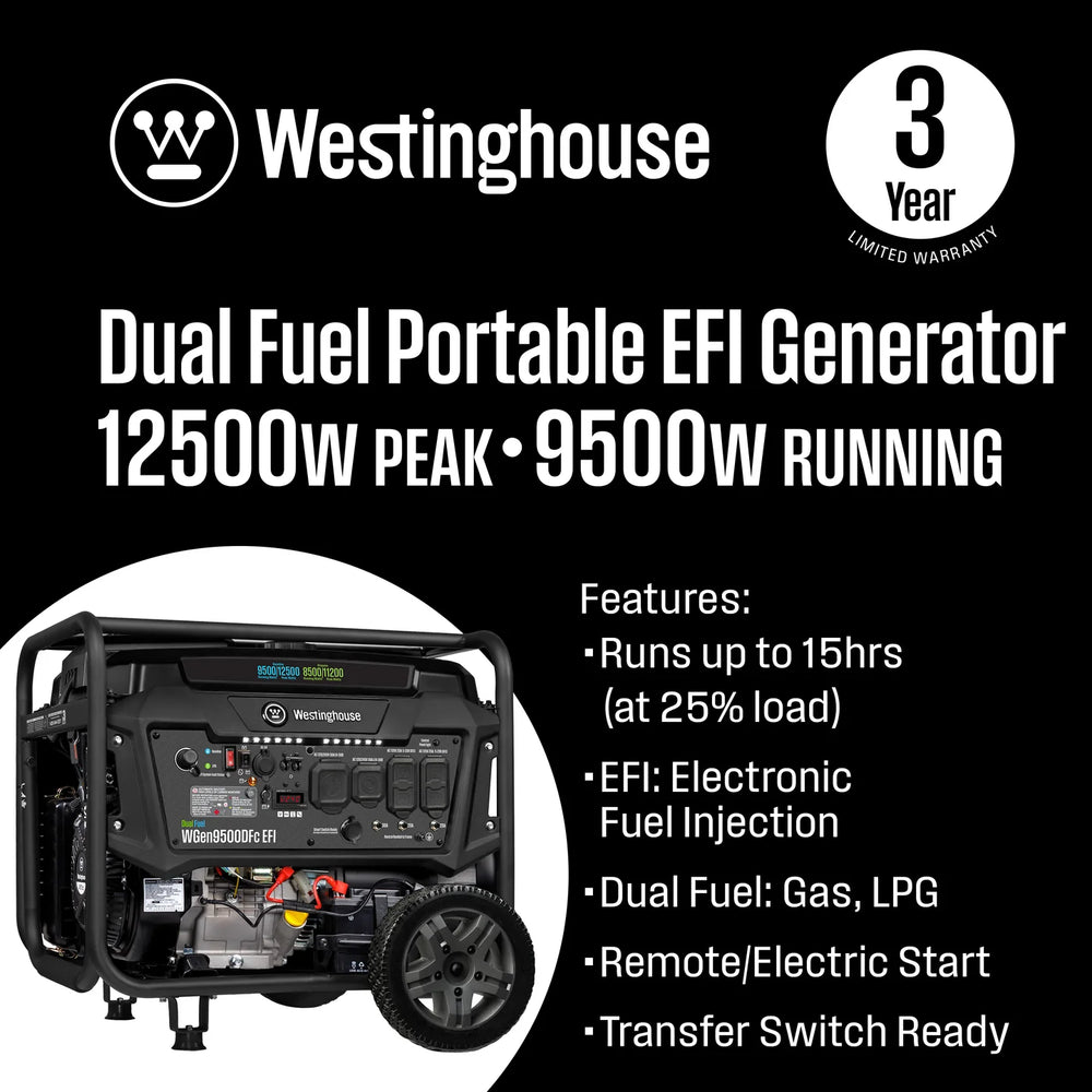 Westinghouse WGen9500DFc EFI Generator 9500/12500W Dual Fuel Gas Propane 50A Remote Start CO Sensor CARB New
