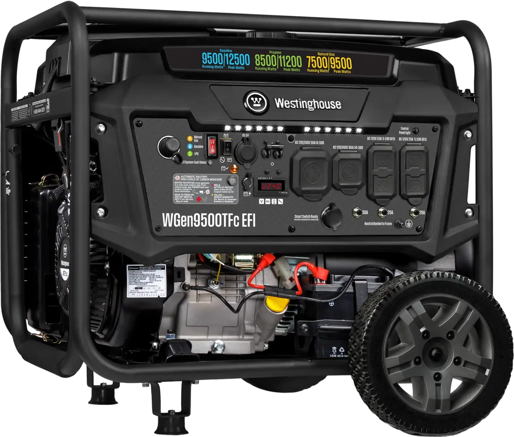 Westinghouse WGen9500TFc EFI Generator 9500/12500W Tri Fuel Gas Propane Natural Gas 50A Remote Start CO Sensor CARB New