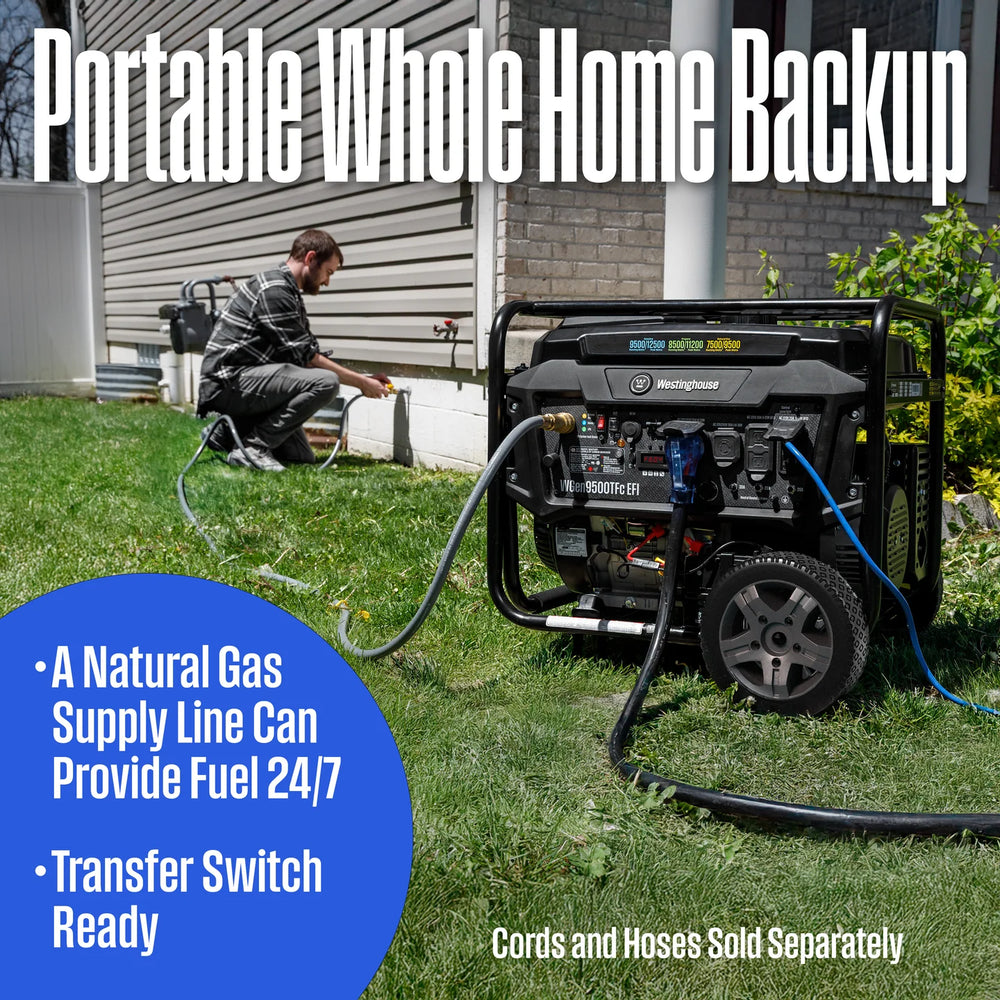 Westinghouse WGen9500TFc EFI Generator 9500/12500W Tri Fuel Gas Propane Natural Gas 50A Remote Start CO Sensor CARB New