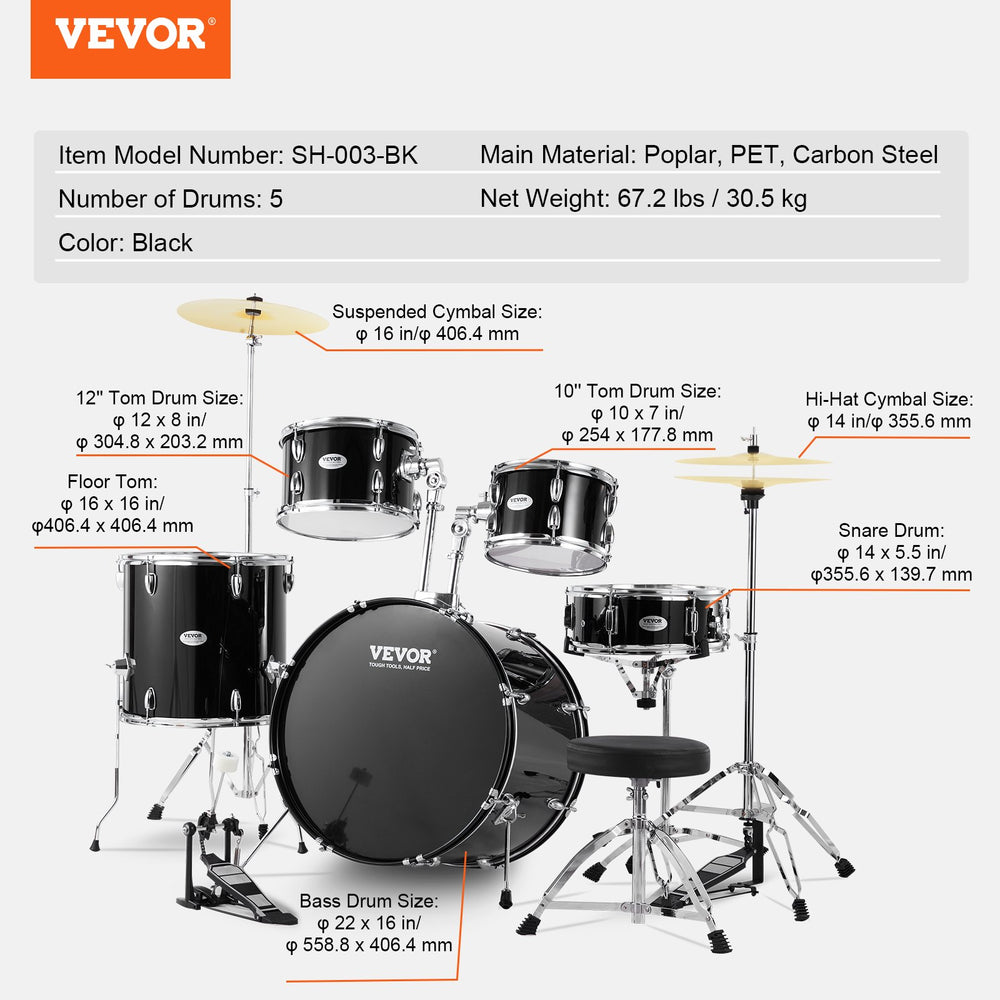 Vevor Adult Drum Set 5-Piece 22" Complete Kit with Cymbals New