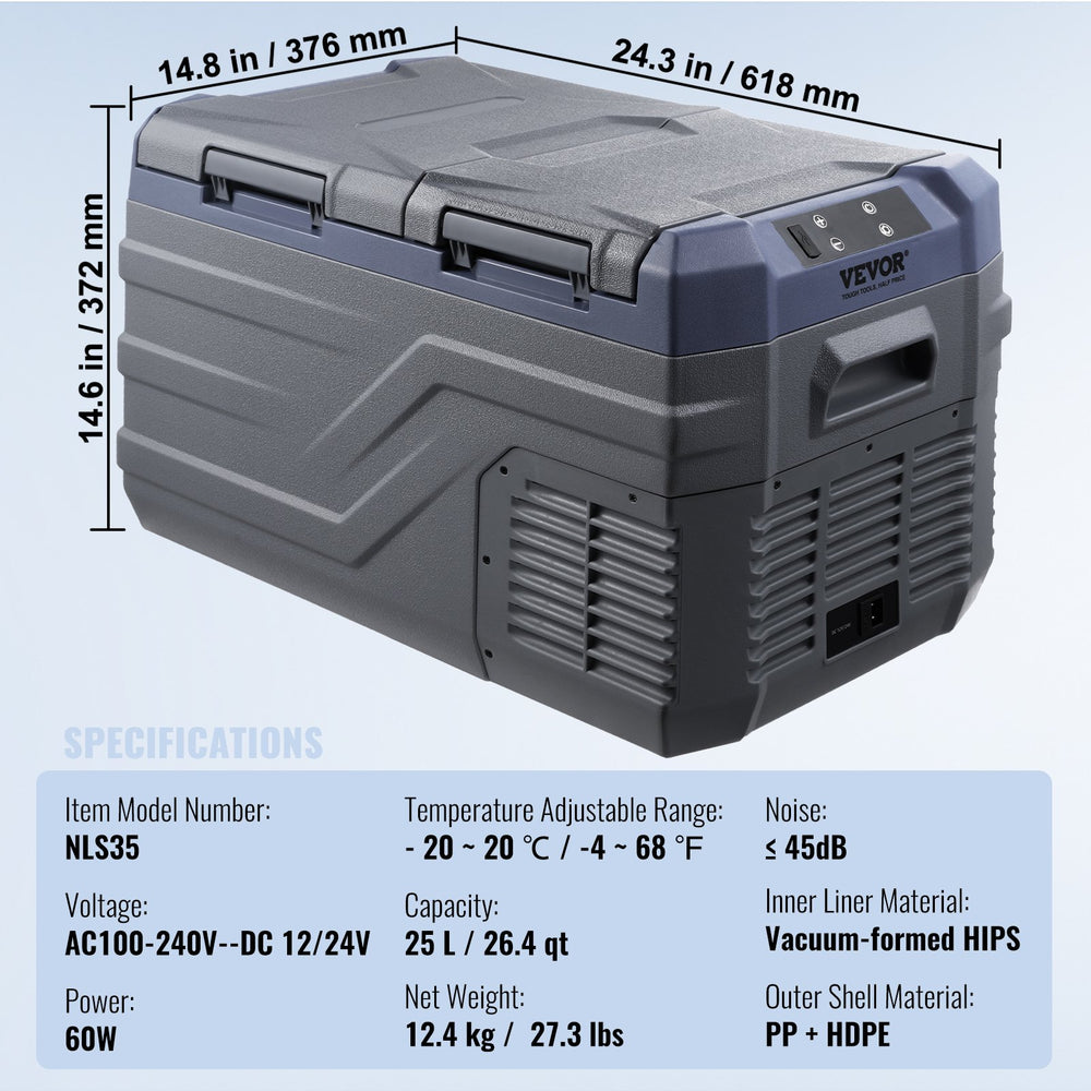 Vevor Portable Refrigerator and Freezer 26.4 Qt. Dual Zone -4°F to 68°F Compressor Cooler and Mobile App New